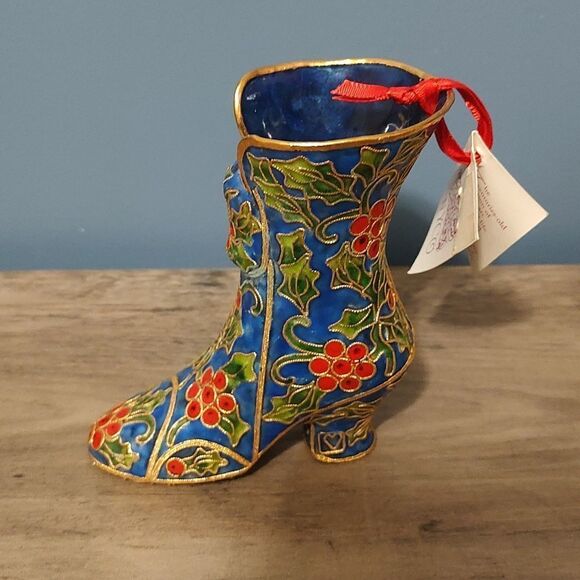 NYCO Cloisonne Christmas Bell Ornament Enamel Enameling NY  NYCO MISTLETOE CHRISTMAS CLOISONNE ENAMELED BOOT  NWT